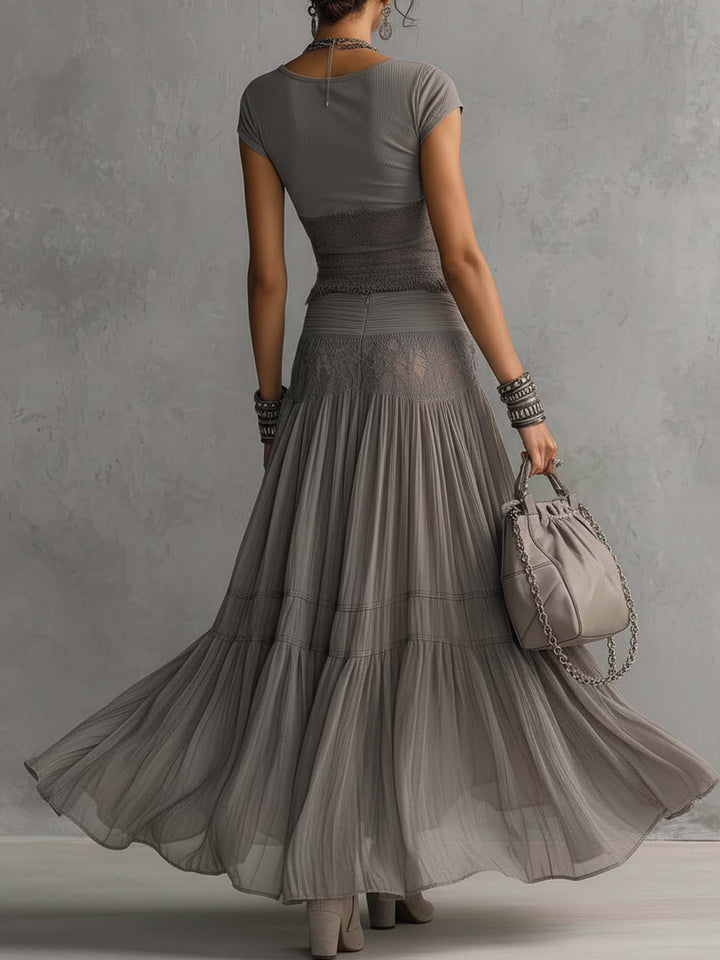 Grey Sheer Lace-Paneled Top and Pleated Maxi Skirt Set