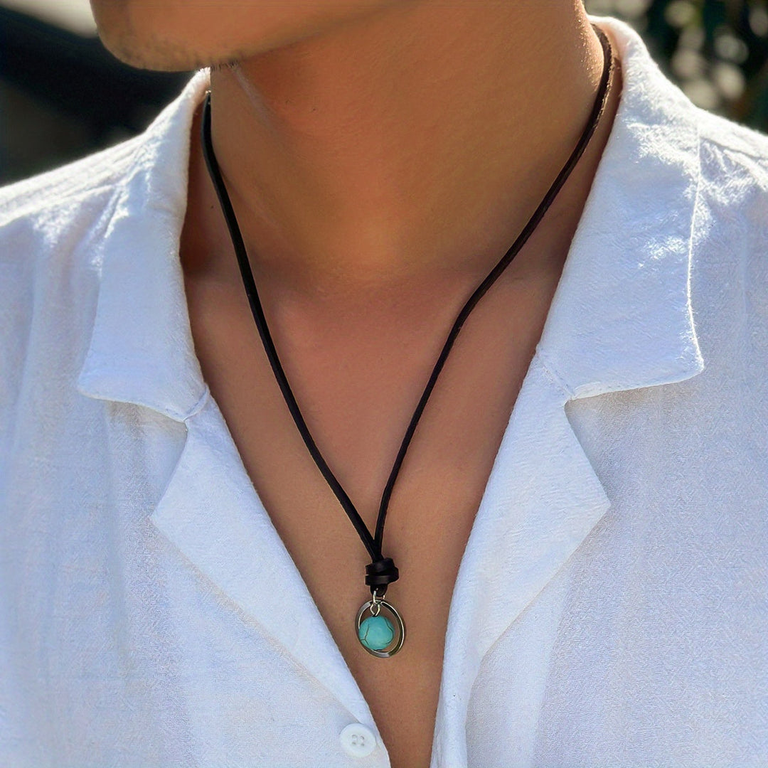 Bohemian Turquoise Pendant Leather Choker Necklace