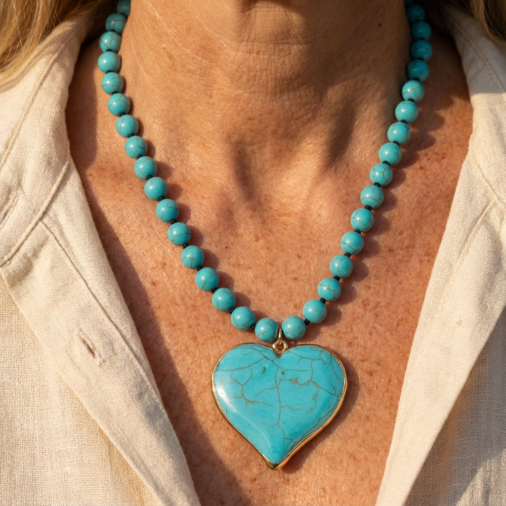 Turquoise Heart Gem Beaded Necklace