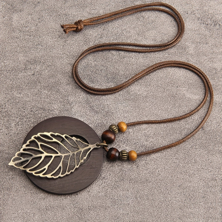 Bohemian Wax Rope Leaf Shaped Pendant Long Necklace
