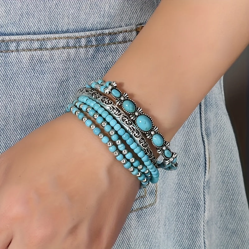 Bohemian Vintage Style Turquoise Beaded Bracelet Set