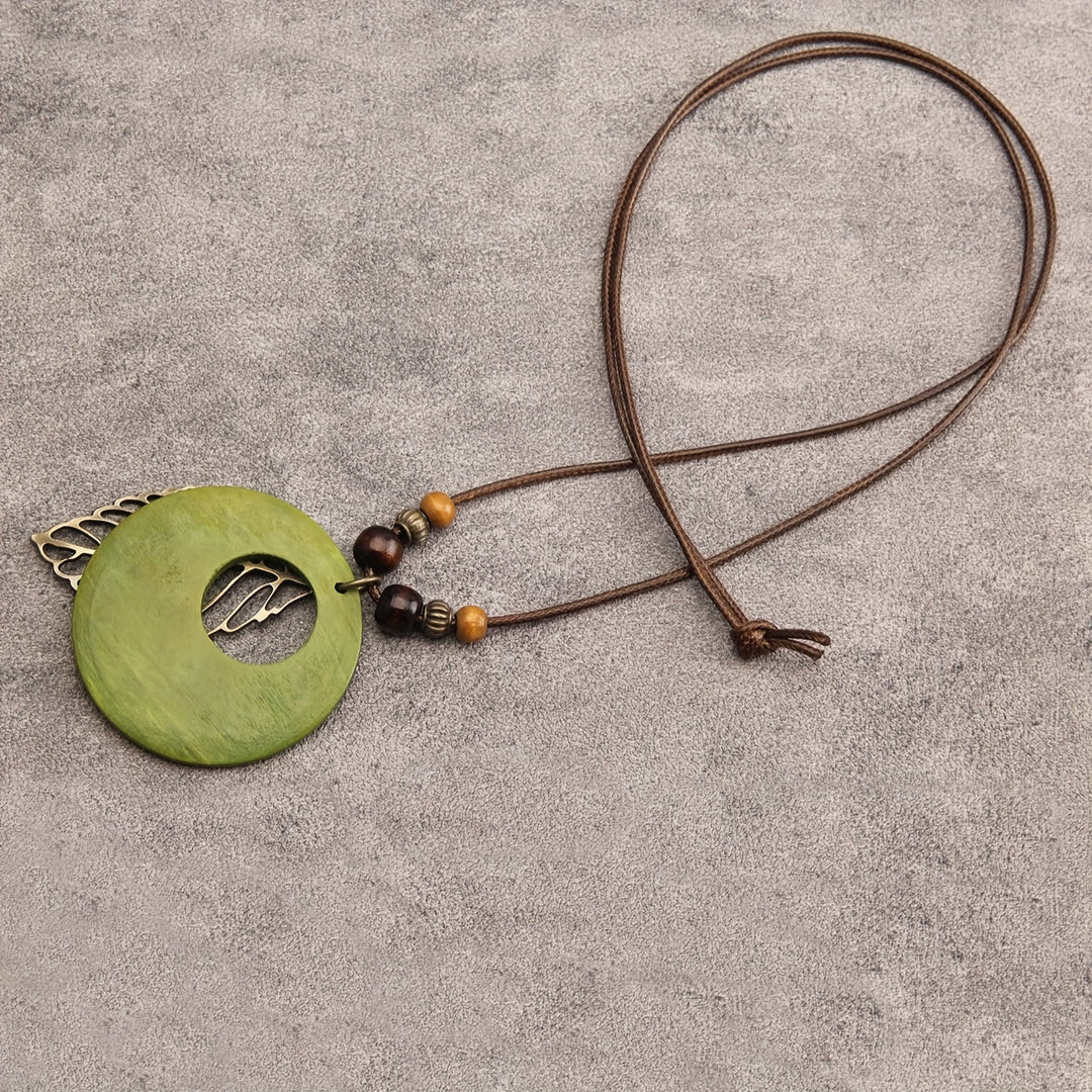 Bohemian Wax Rope Leaf Shaped Pendant Long Necklace