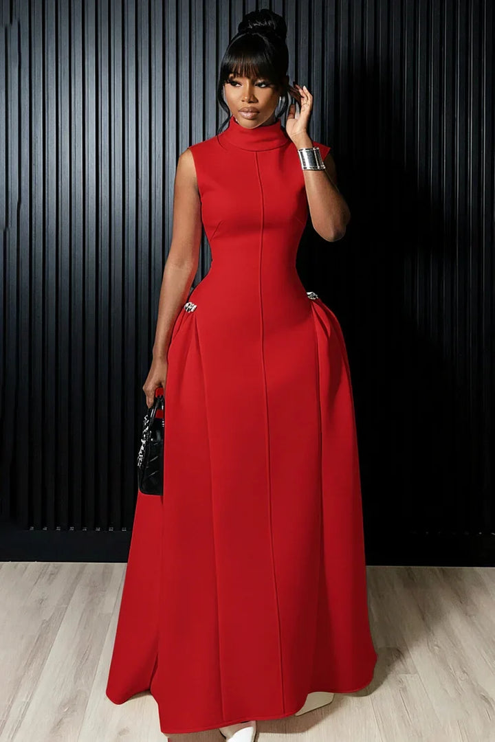 Mock Neck Sleeveless Cinched Seam Detail Party Maxi Dress