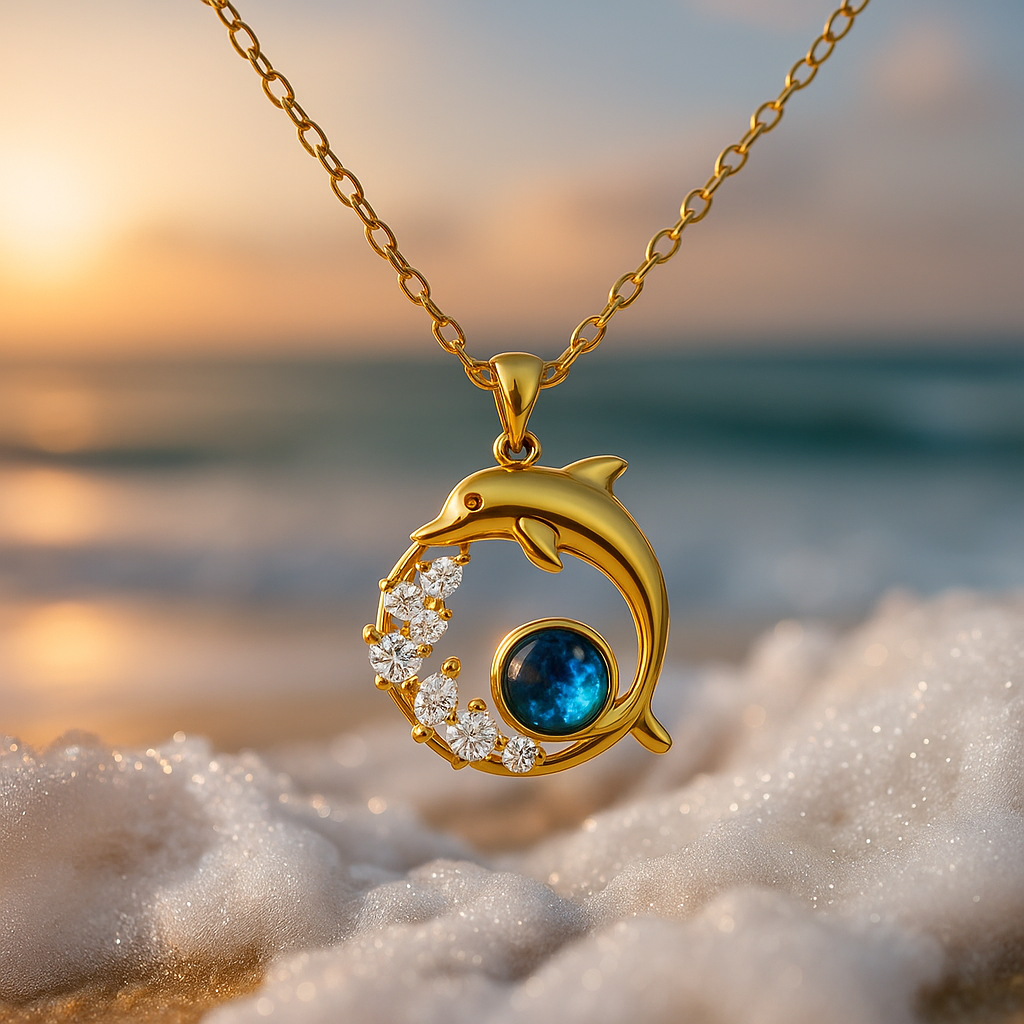 Gold Dolphin Necklace with Blue Crystal & Sparkling Accents