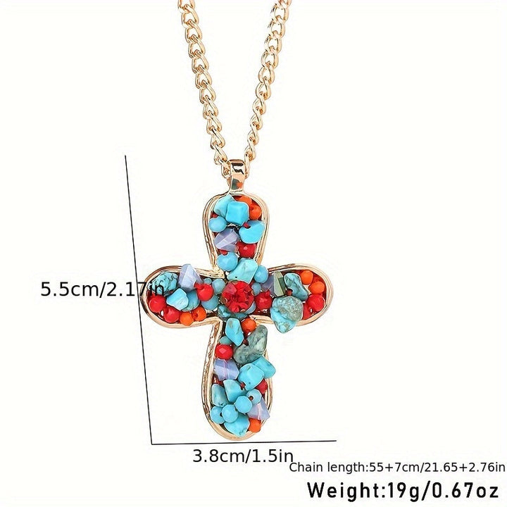 Bohemian Vibrant Colorful Turquoise Cross Pendant Necklace