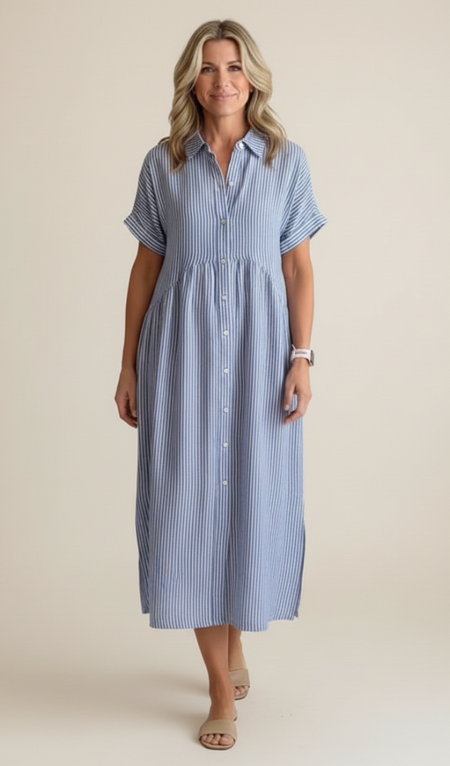 Marina™ Elegant Striped Maxi Shirt Dress with Pockets