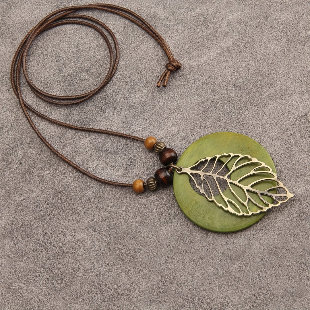 Bohemian Wax Rope Leaf Shaped Pendant Long Necklace