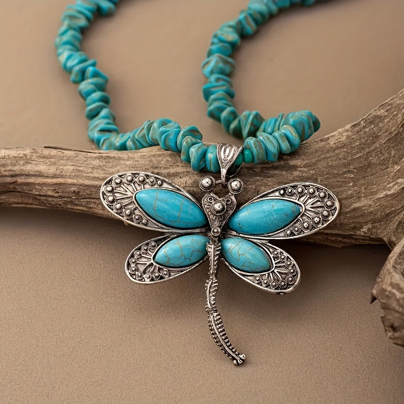 Vintage Boho Turquoise Beaded Dragonfly Pendant Necklace