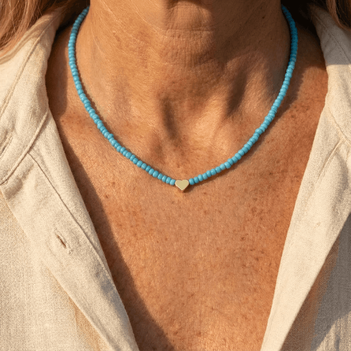 Bohemian Blue Seed Beads Heart Necklace