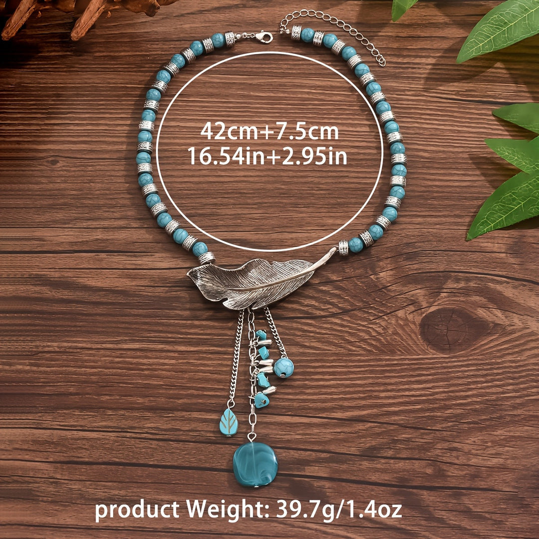 Vintage Bohemian Style Turquoise Beads Leaf Pendant Necklace