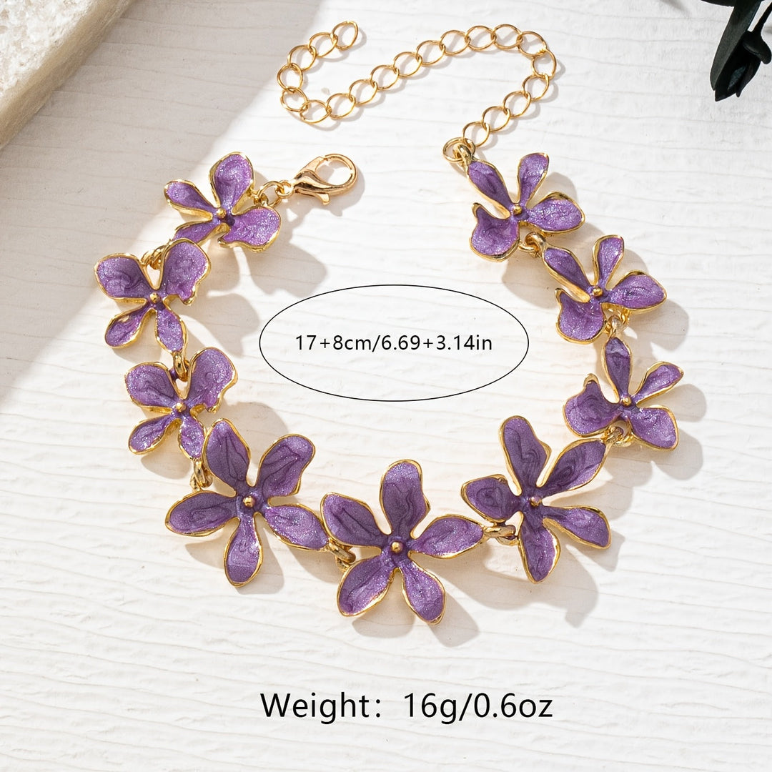 Vintage Style Purple Enamel Flowers Gold Plated Bracelet