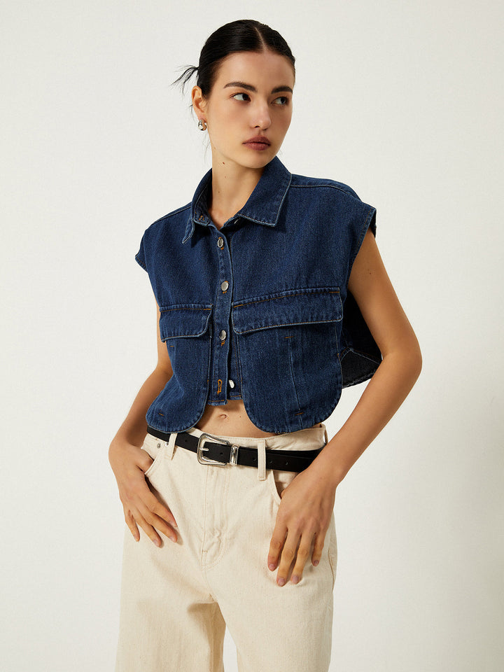Lira Denim Pocket Turn-Down Collar Vest