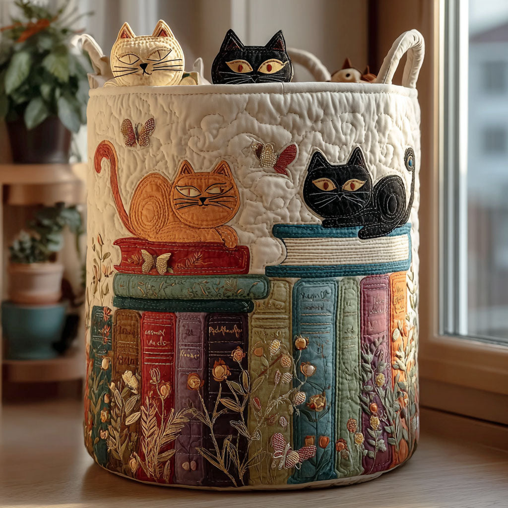 Cat & Books quilted storage basket