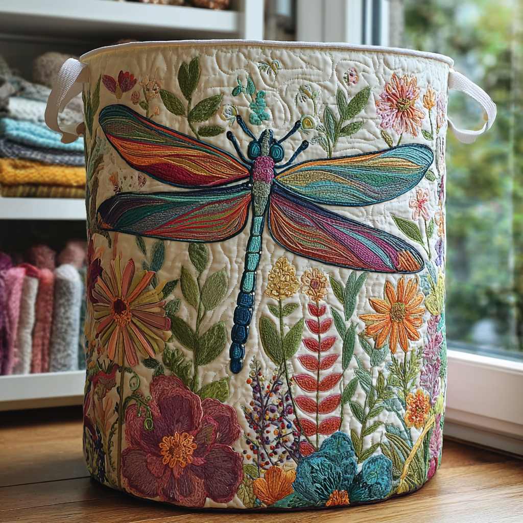 Dragonfly & Flowers quilted storage basket