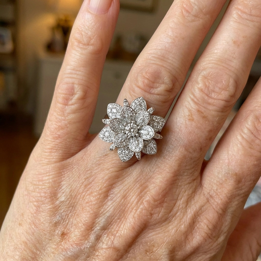 Elegant Vintage Style Silver Plated Floral Crystal Ring