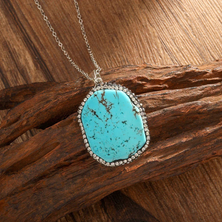 Vintage Bohemian Oval Malachite Turquoise Pendant Necklace