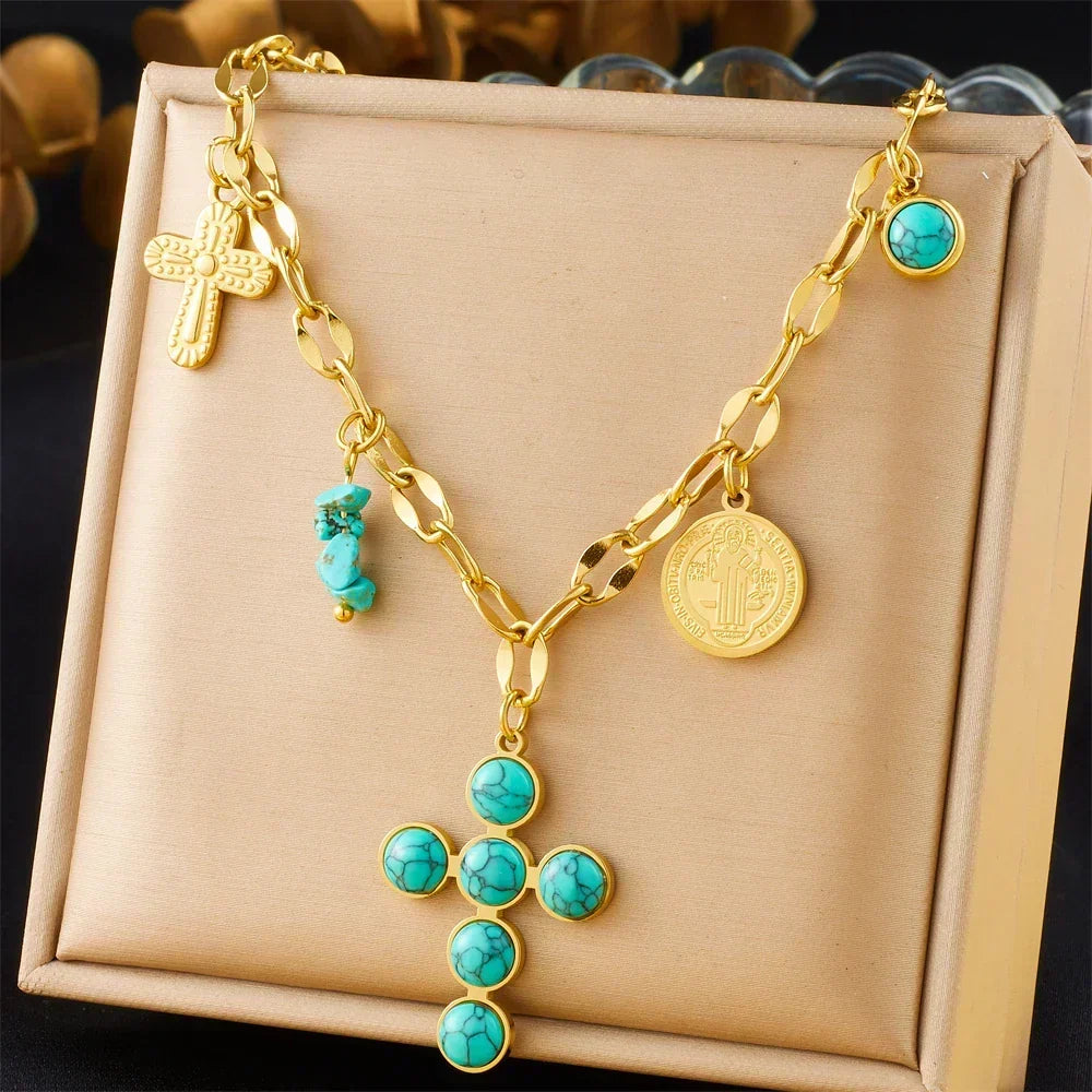 Exclusive Stainless Steel Turquoise Cross Necklace