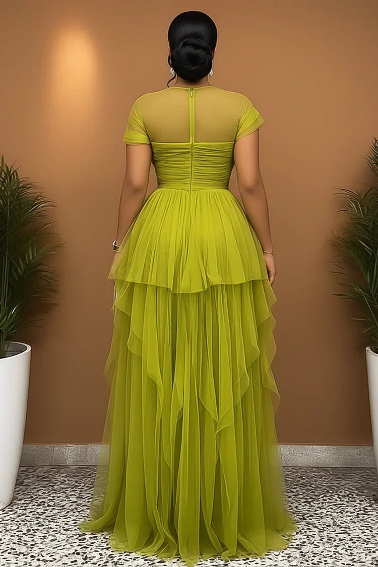 Short Sleeve Cinch Waist High Slit Tulle Gowns Maxi Dress