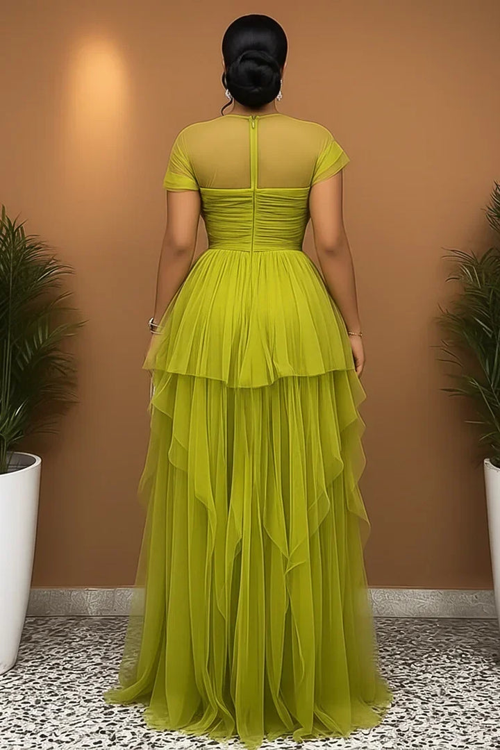 Short Sleeve Cinch Waist High Slit Tulle Gowns Maxi Dress
