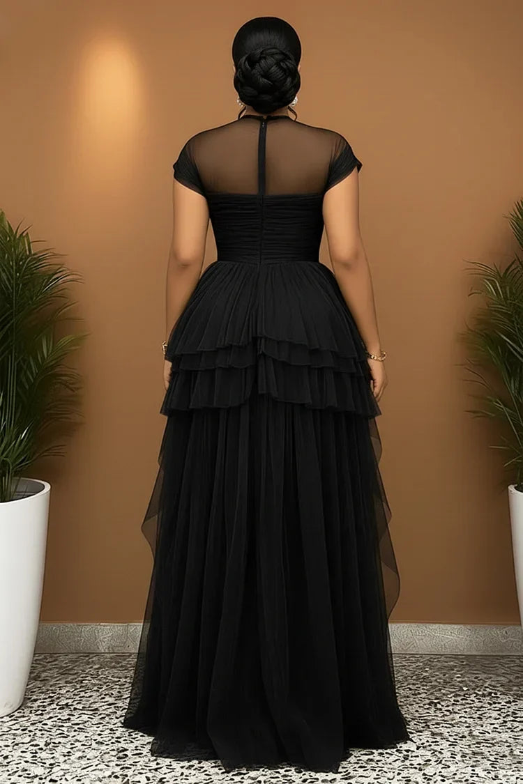Short Sleeve Cinch Waist High Slit Tulle Gowns Maxi Dress