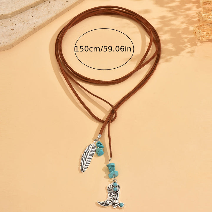 Vintage Bohemian Turquoise Feather Pendant Layered Necklace