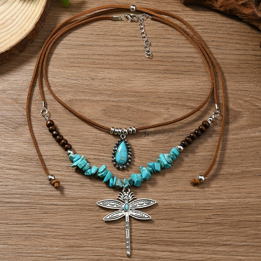 Bohemian Two Piece Turquoise Dragonfly Layered Necklace