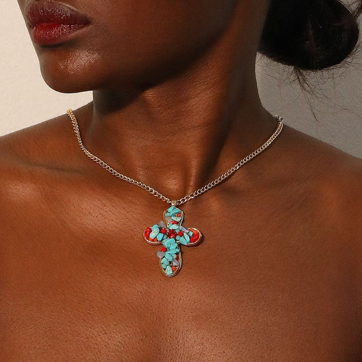 Bohemian Vibrant Colorful Turquoise Cross Pendant Necklace