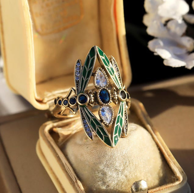 Bohemian Art Nouveau Dragon Fly Zirconia Gold Plated Ring